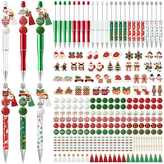 COcnny Christmas Beadable Pens Kits- 24 Set Xmas DIY Ballpoint Craft Making with Bead Craft, Snowman Snowflake Beaded Pen Bulk Charm Tassel Supplies for Holiday Party School Students Gift