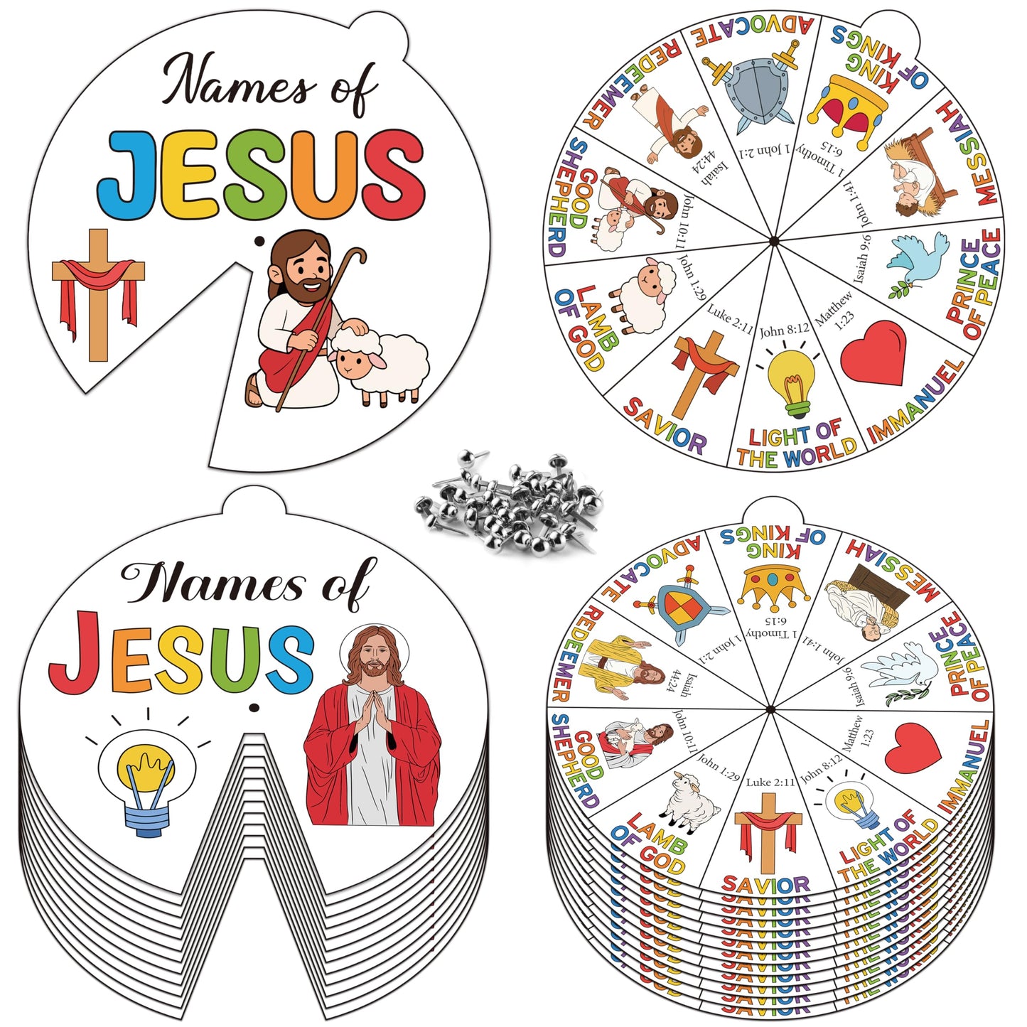 COcnny Jesus Religious Coloring Craft - 24 Sets Color Your Own Christian Art Craft Wheel Cards, DIY Names of Jesus Coloring Paper Kit for Sunday School Home Class Bible VBS Activities