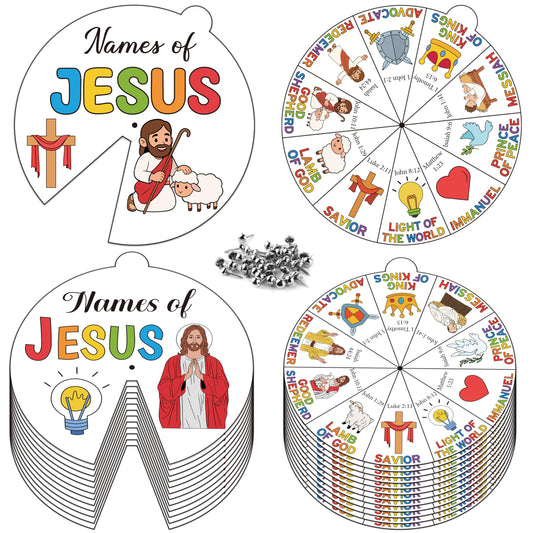 COcnny Jesus Religious Coloring Craft - 24 Sets Color Your Own Christian Art Craft Wheel Cards, DIY Names of Jesus Coloring Paper Kit for Sunday School Home Class Bible VBS Activities