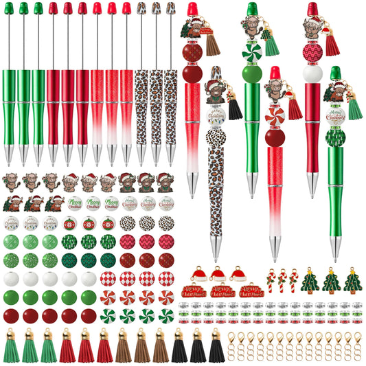 COcnny Highland Cow Beadable Pens - 12 Set Mooey Christmas DIY Ballpoint Pen Making Kit with Bead Craft, Rustic Cow Beaded Pen Bulk Charm Tassel Supplies for Xmas Party School Students Gift
