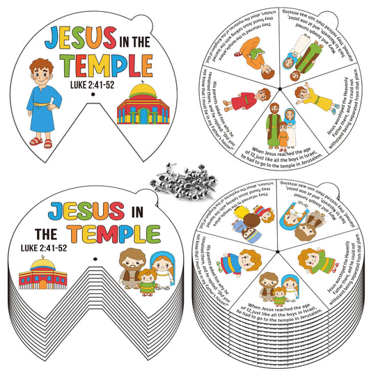 COcnny Easer Religious Coloring Craft- 24 Sets Color Your Own Christian Art Craft DIY Spining Cards for Kids, Jesus in the Temple Paper Craft Art for Sunday School Home Class Bible VBS Activities