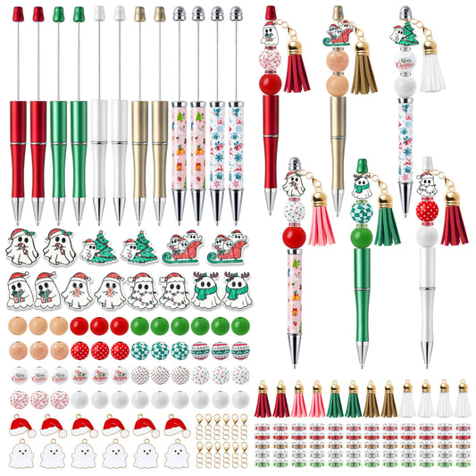 COcnny Christmas Boo Beadable Pens - 12 Set Christmas Ghost DIY Ballpoint Craft Making Kit with Bead Craft, Cute Beaded Pen Bulk Charm Tassel Supplies for Xmas Party School Students Gift