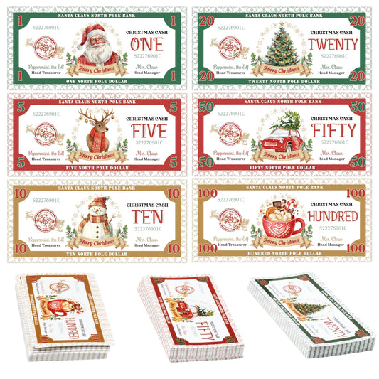 COcnny Christmas Play Bucks for Game - 600pcs North Pole Paper Money for Pretend Play Cashier, Santa Claus Winter Theme Fake Bucks for Refill Packs School Educational Home Reward Prop Supplies