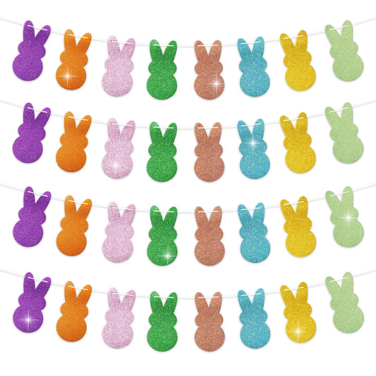 COcnny Easter Peeps Bunny Banner - 4pcs Rabbit Glitter Hanging Garland Decoration, No DIY Needed Colorful Spring Party Supplies Hang Paper Bunting for Home Classroom Fireplace Wall 6.5 Feet
