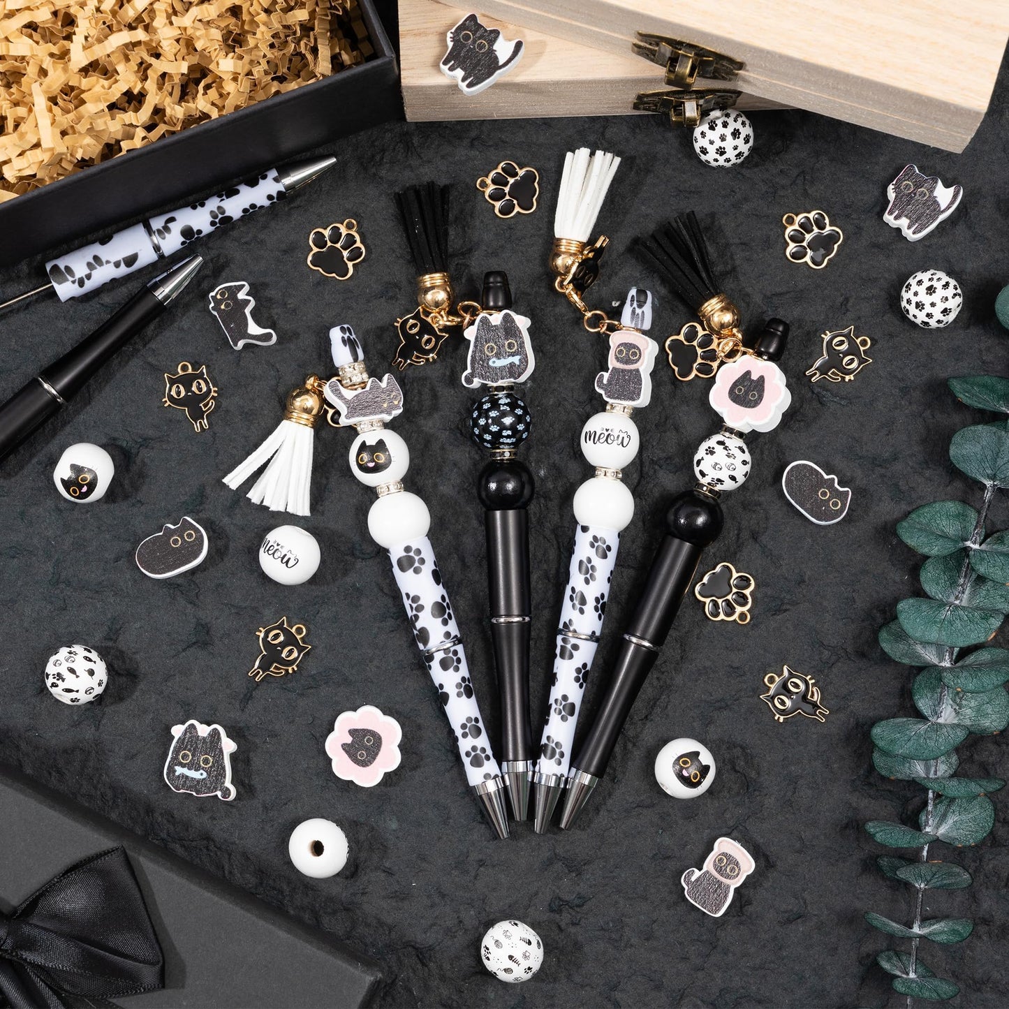COcnny Pet Paw Beadable Pens- 12 Set Black Cat DIY Ballpoint Craft Making Kit with Bead Craft, Cute Cat Beaded Pen Bulk Charm Tassel Supplies for Pet Animal Party School Students Gift
