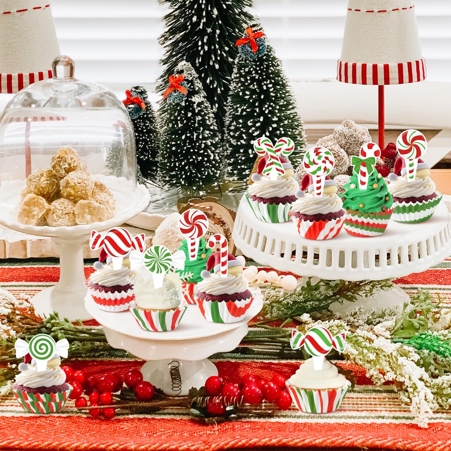 COcnny Christmas Mini Cupcake Liners - 300pcs Candy Small Muffin Cake Baking Cups with 300pcs Cupcake Toppers, Colorful Candies Cake Chocolate Wrap Making Supplies for Xmas Eve Birthday (10 Styles)
