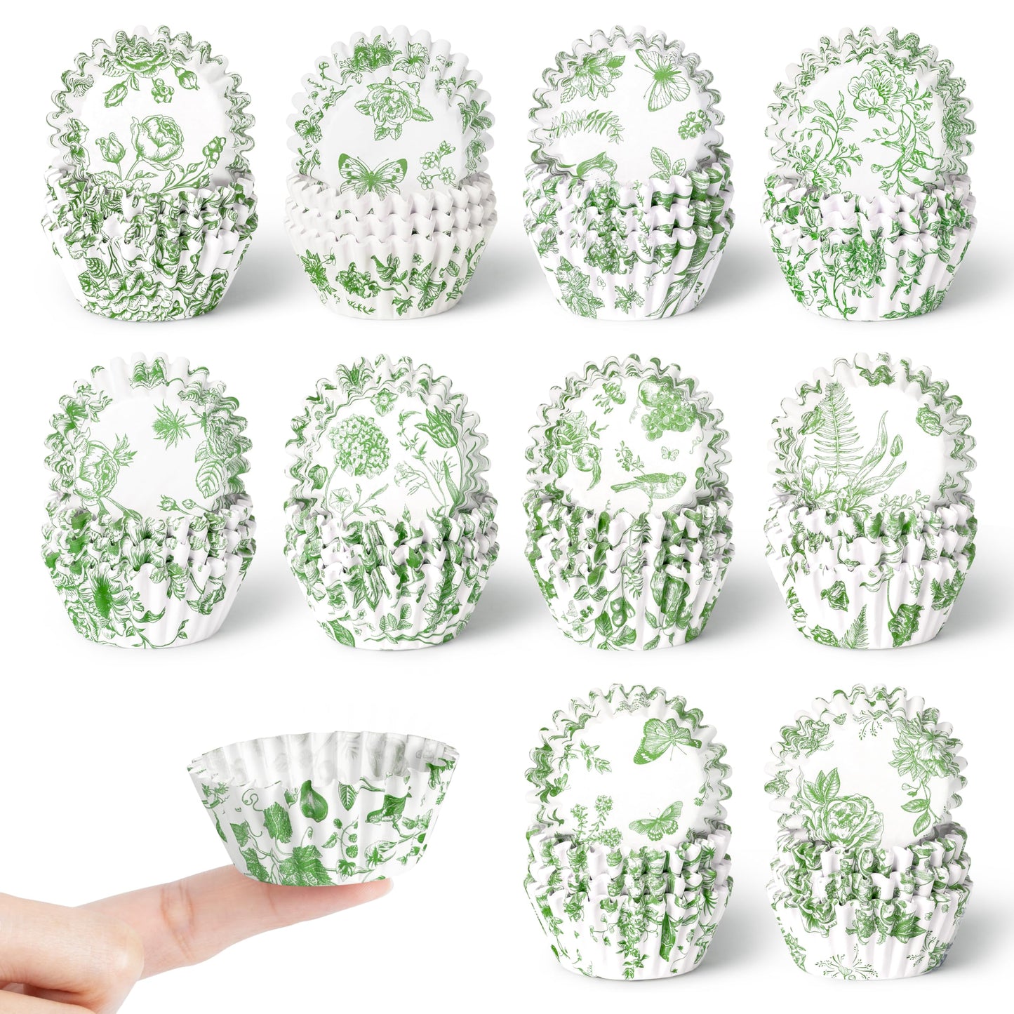 COcnny Greenery Mini Cupcake Liners - 600pcs Sage Green Flower Baking Cups Muffin Paper Cupcakes Wrappers for Birthday, Candy Cake Chocolate Wrap Making Supplies for Baby Shower Birthday (10 Styles)