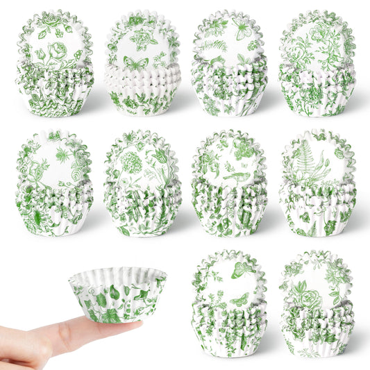 COcnny Greenery Mini Cupcake Liners - 600pcs Sage Green Flower Baking Cups Muffin Paper Cupcakes Wrappers for Birthday, Candy Cake Chocolate Wrap Making Supplies for Baby Shower Birthday (10 Styles)