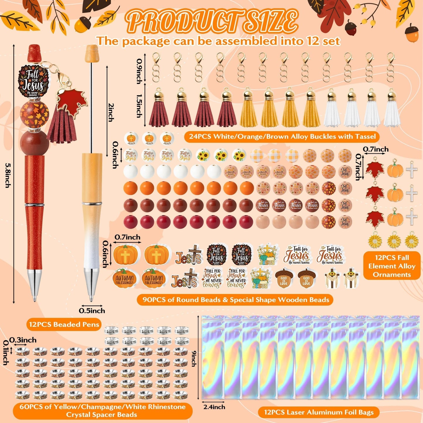 COcnny Fall Religious Beadable Pens - 12 Set Autumn DIY Ballpoint Pen Making Kit with Bead Craft, Fall for Jesus Beaded Pen Bulk Charm Tassel Supplies for Party Women School Students Gift