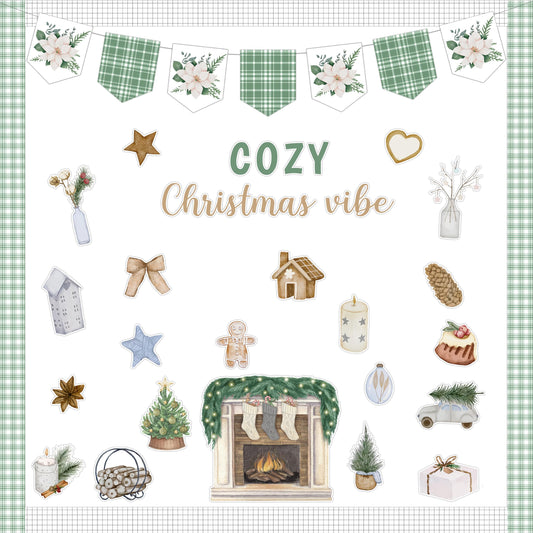 COcnny Christmas Bulletin Board Decoration - 102pcs Xmas Cozy Vibe Cutout with Banner Decor Set, Christmas Watercolor Fireplace Chalkboard Classroom Wall Accents Ideas Kits for School Home Supplies