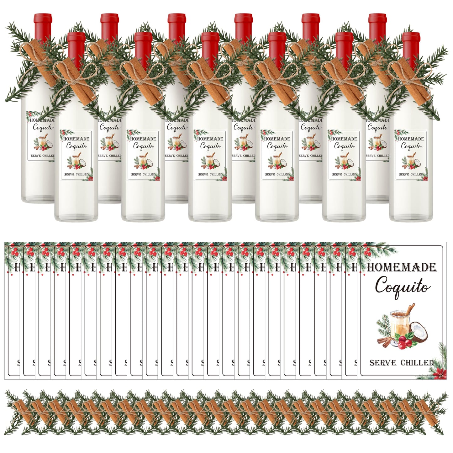 COcnny Coquito Wine Bottle Stickers - 24 Set Christmas Coquito Labels with Pine Branches Cinnamon Decor for Coconut Liqueur Wine Bottle Handmade Sticker for Xmas DIY Craft Holiday Party Supplies