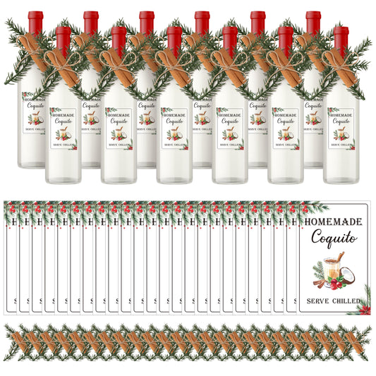 COcnny Coquito Wine Bottle Stickers - 24 Set Christmas Coquito Labels with Pine Branches Cinnamon Decor for Coconut Liqueur Wine Bottle Handmade Sticker for Xmas DIY Craft Holiday Party Supplies