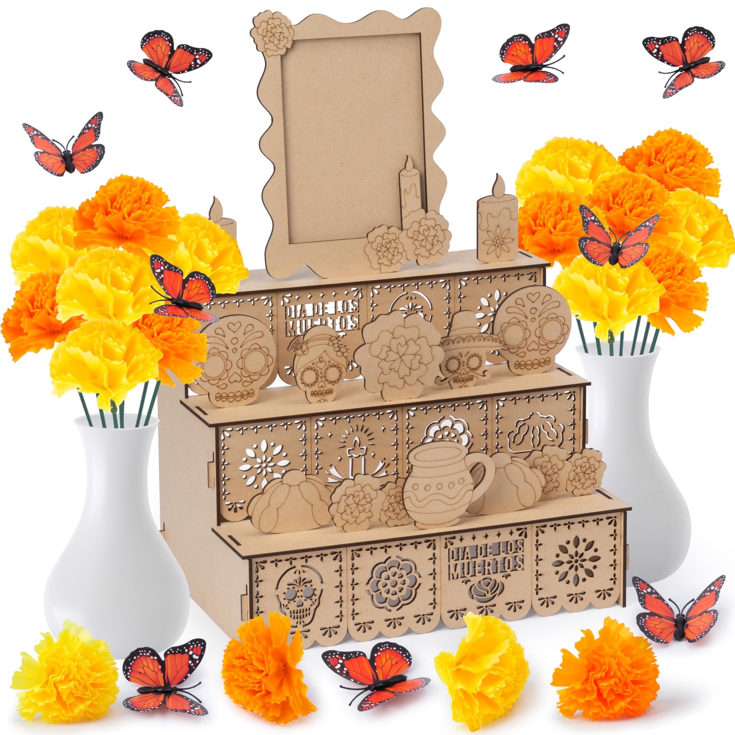 COcnny Day of The Dead Altar Ofrenda - 37pcs Wooden Shadow Box Photo Frame Set for Dia De Los Muertos Altar Memorial Decorations, Marigold Flower Butterfly Tabletop Ofrenda Decor for Remembrance