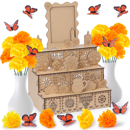 COcnny Day of The Dead Altar Ofrenda - 37pcs Wooden Shadow Box Photo Frame Set for Dia De Los Muertos Altar Memorial Decorations, Marigold Flower Butterfly Tabletop Ofrenda Decor for Remembrance