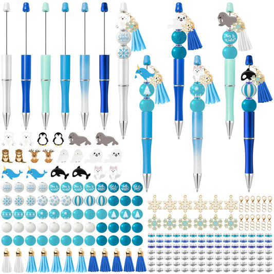 COcnny Christmas Winter Beadable Pens - 12 Set Polar Animal DIY Beaded Pen Making Kit with Bead Craft, Polar Bear Penguin Ballpoint Pen Bulk Charm Supplies for Party Women School Student Gift